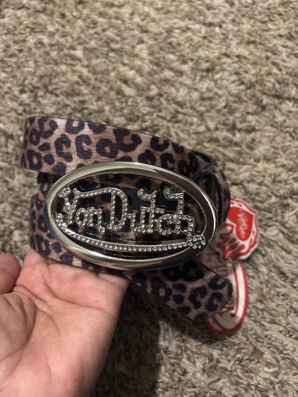 NWT Von Dutch Leopard Faux Calf Hair Rhinestone Logo Buckle Belt L/XL